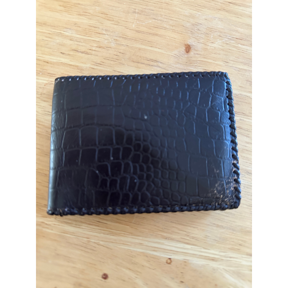 Vintage Dark Brown Croc Embossed Leather Wallet Whipstitch Western Bifold